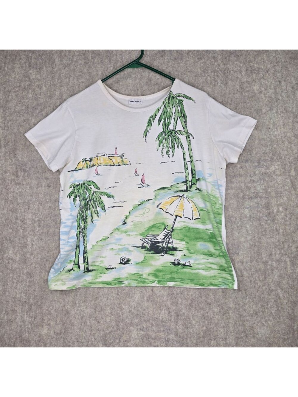 White Stag Women's Graphic T-Shirt Beach Scene Print White Multicolor Medium